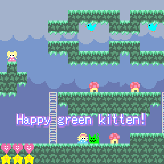 pixel art of girls and birds and mushrooms on green platforms