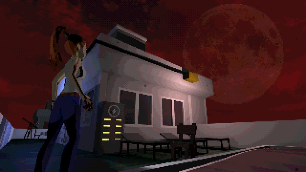 a low poly woman on the roof of a building at night