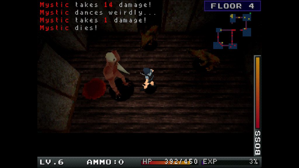 time down view of a woman fighting a big monster in a mansion