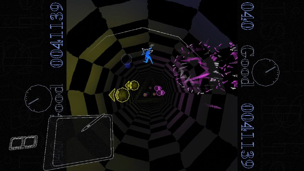 wireframe person running down a long cylinder  and dodging shapes
