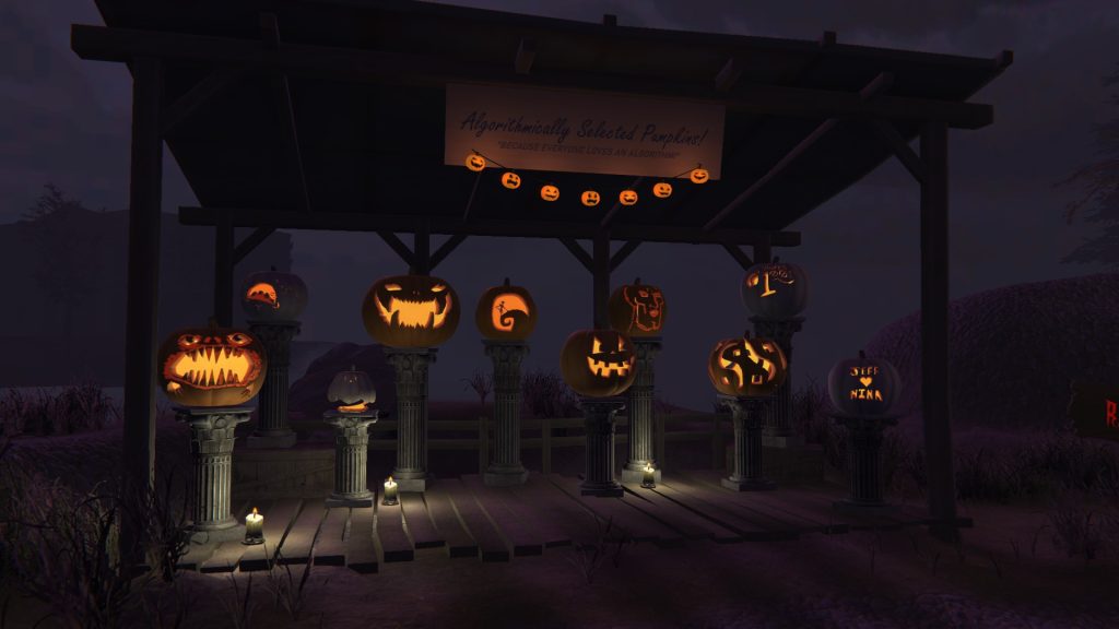 a series of lit pumpkins standing on pedestals at night