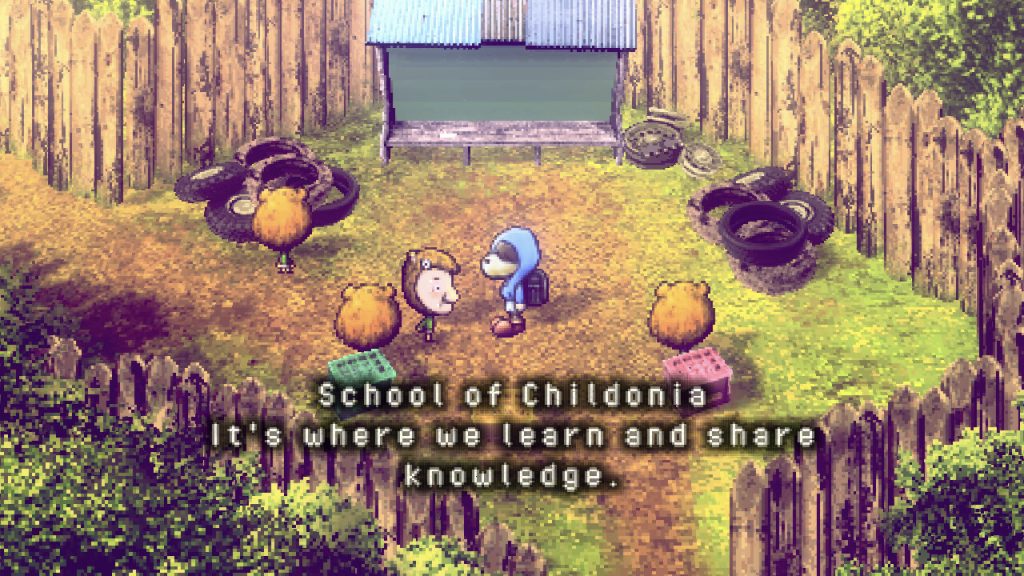 two people talking in a forest and someone saying "School of Childonia. It's where we learn and share knowledge"