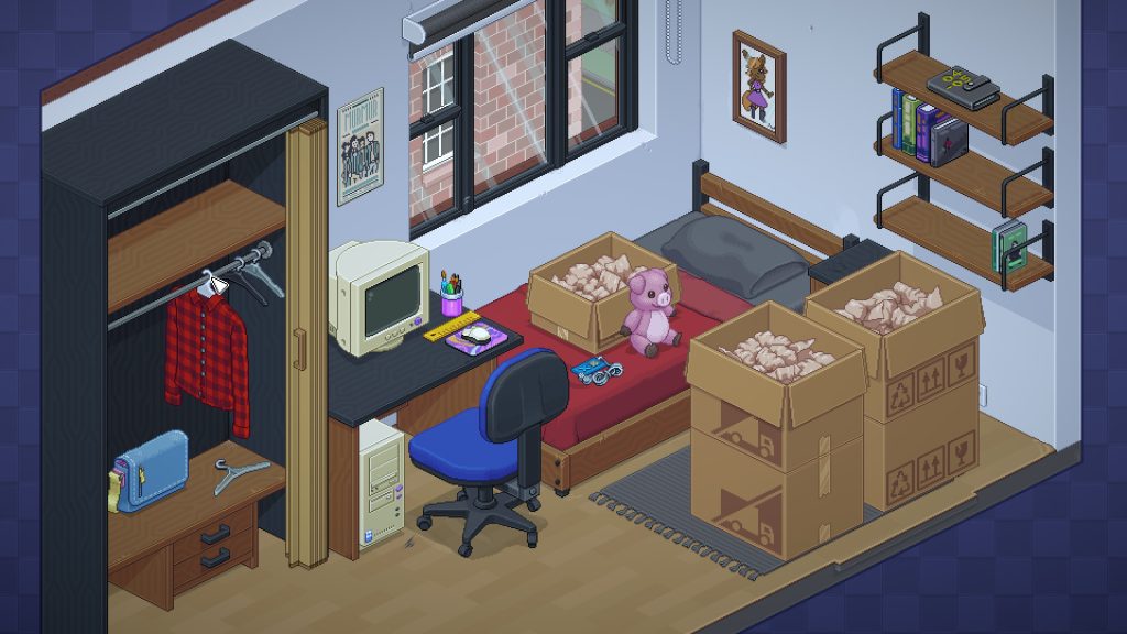 isometric view of a dorm room with a desktop pc