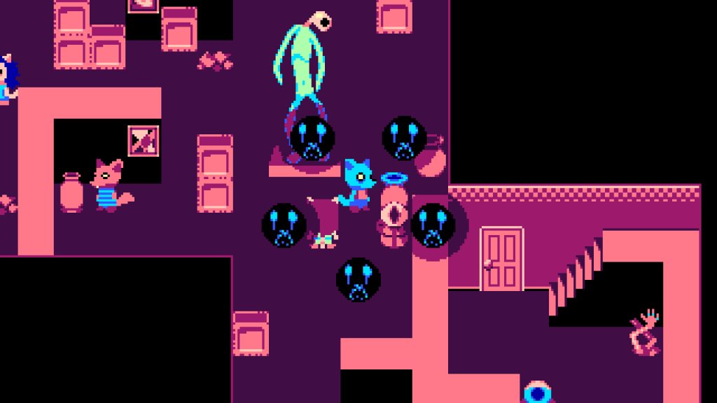 a fox in a creepy mansion with a monster and other fox in sight