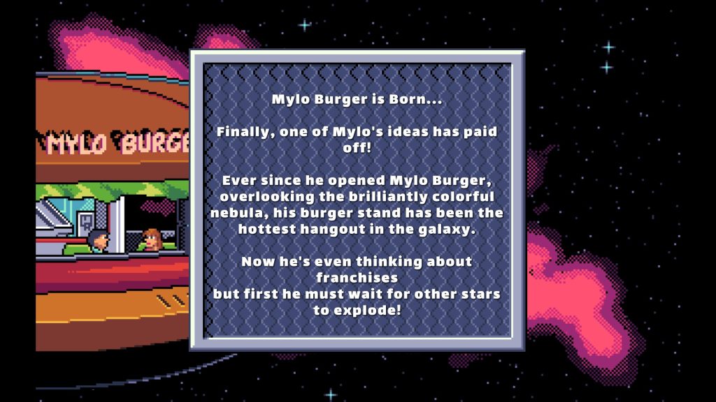 a screen about how the main character has found success with his burger restaurant, which is floating in space