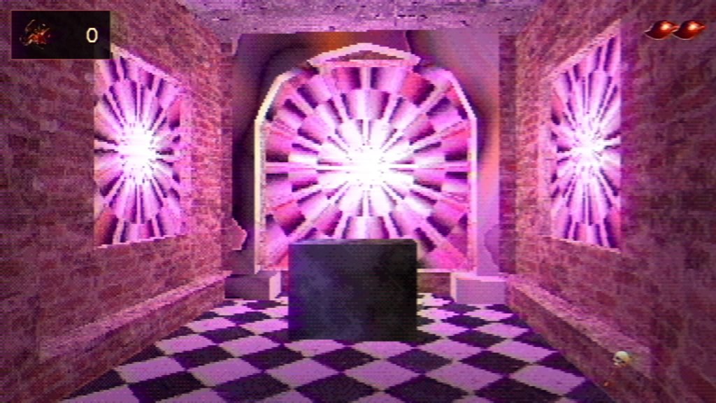 view of a pedestal or something, with a large glowing pink circular pattern behind it