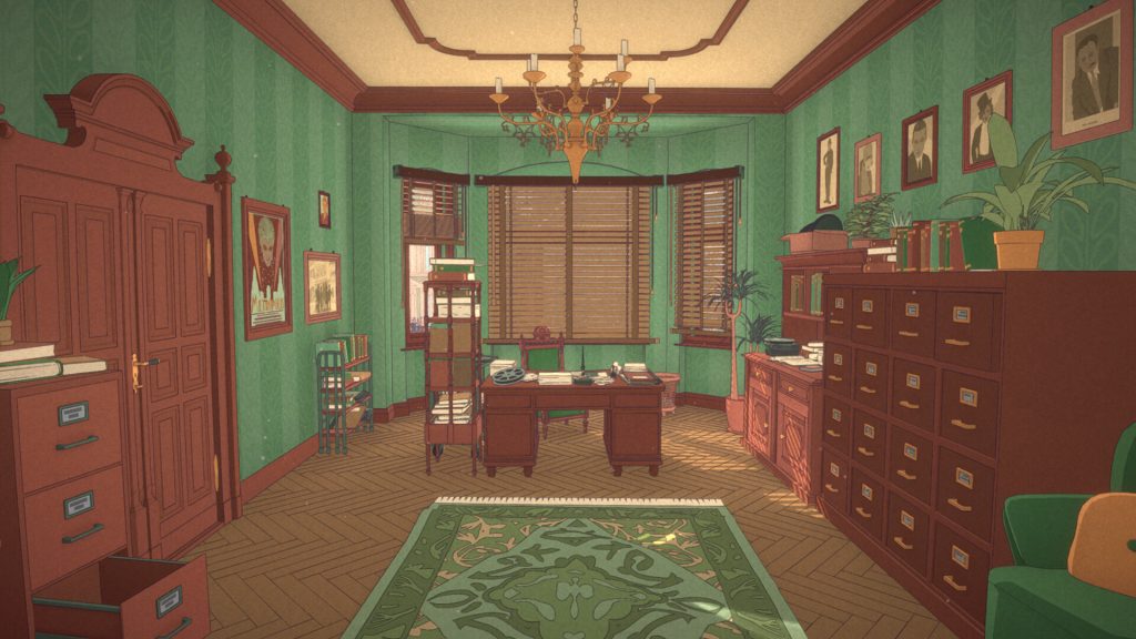 view of an office with a desk and lots of drawers for files.