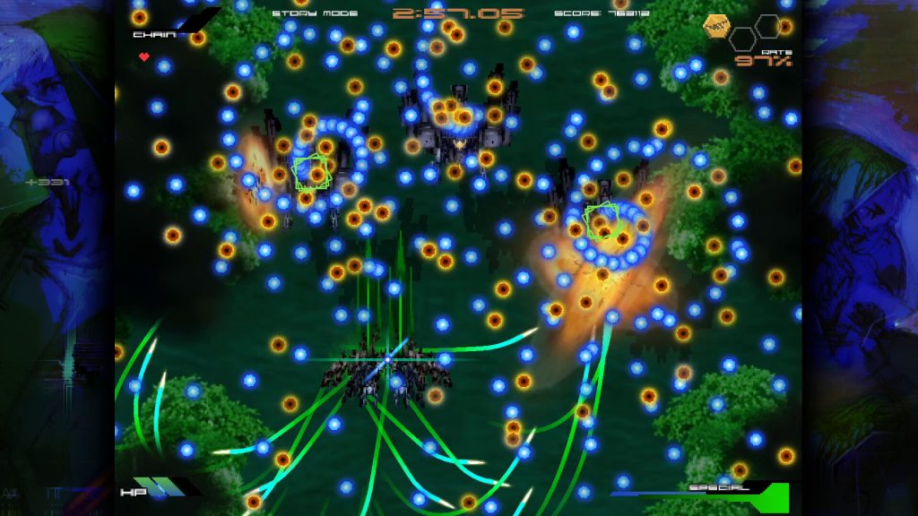 top down view of a ship shooting lots of lasers at other ships while dodging dots