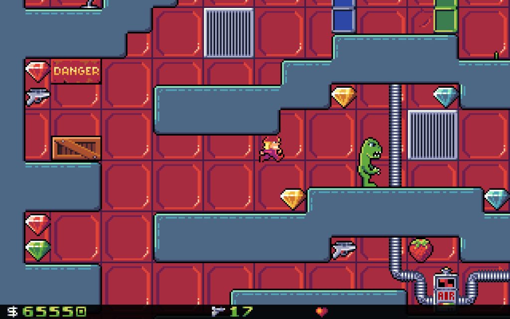 a miner jumping on metal or stone platforms behind a giant green monster