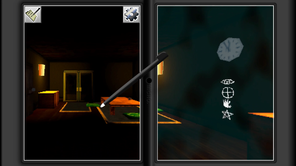 a DS showing a stylus and a left window showing a room with minimal lighting and symbols on the right side