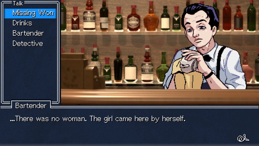 pixel art bartender saying "There was no woman. The girl came here by herself."