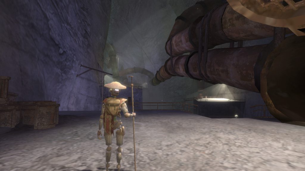 a robot with a staff overlooking a chasm