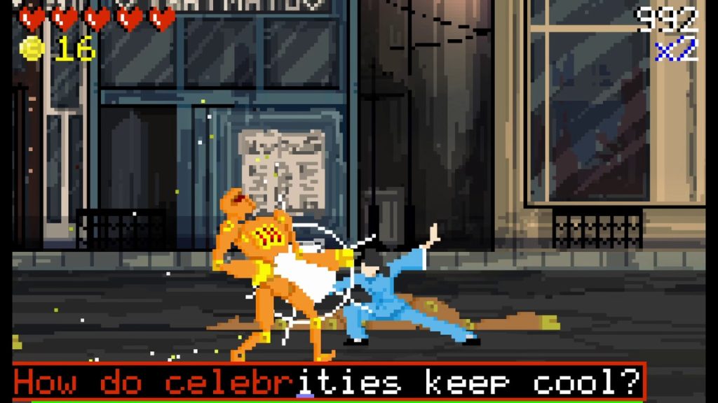 person punching a robot and text being filled in saying "How do celebrities keep cool?"