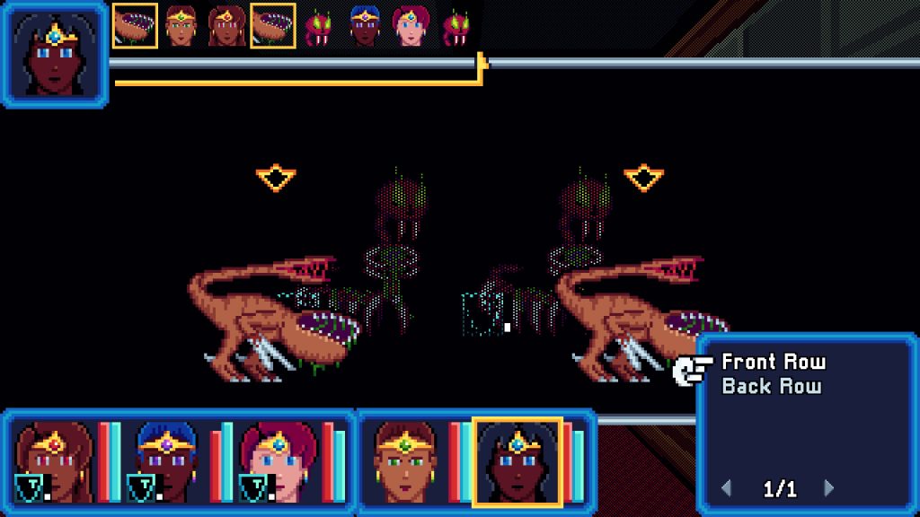 a first person view of five people fighting 4 monsters