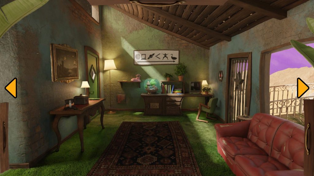 first person view of a room in a home and there's weird symbols in art on the wall. The sky is purpl