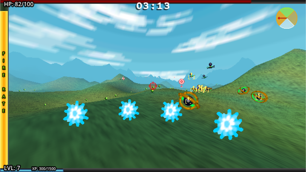 first person view of shots being fired at floating orbs