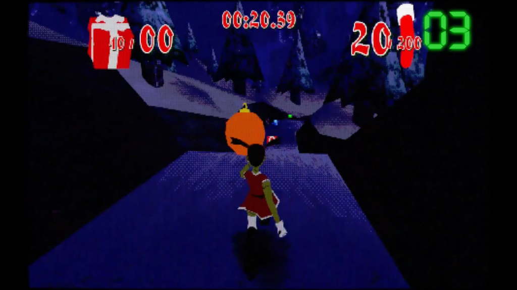 low poly green girl running in the snow and getting ornaments