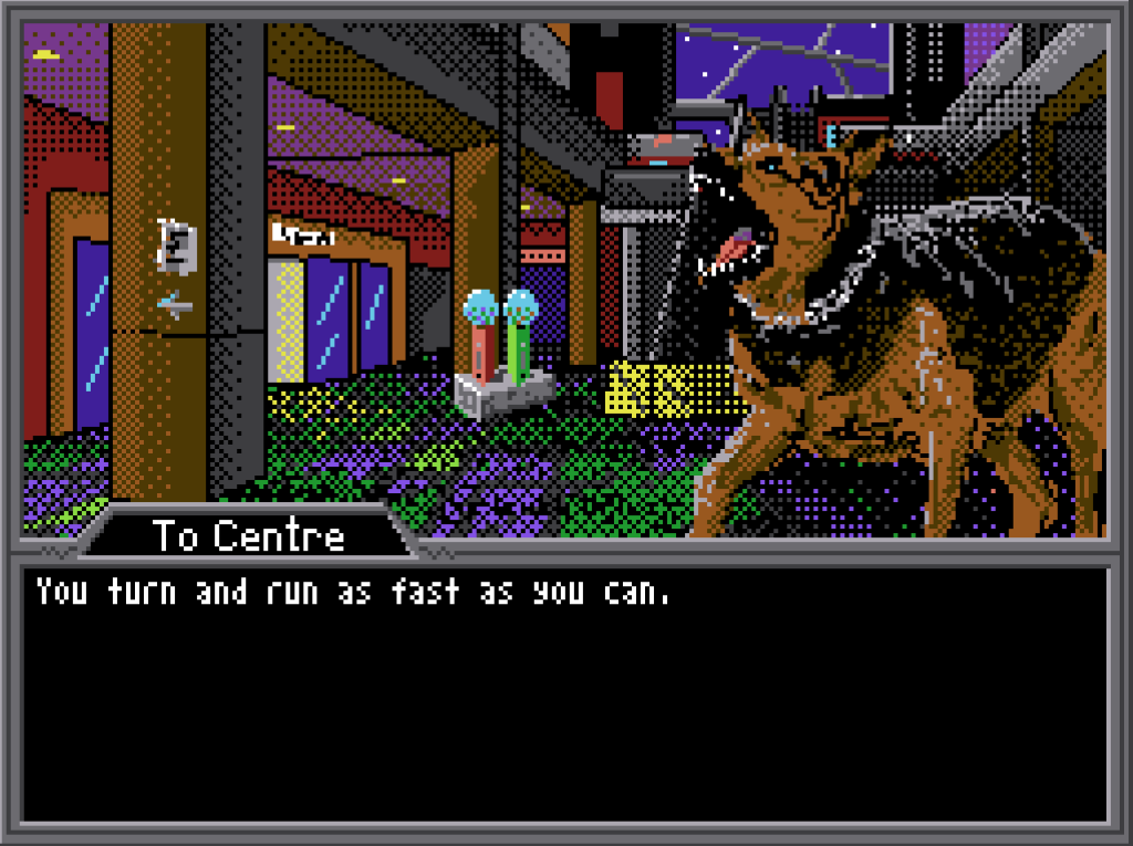 a dog in a mall barking and text saying "You turn and run as fast as you can."