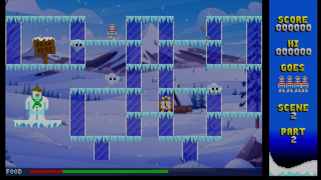 picture of a level of platforms of ice with items on them and a snowman