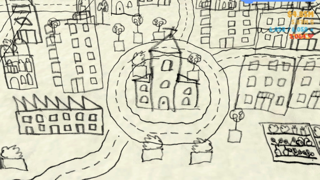 a city that looks like it was drawn by pencil by a child or me