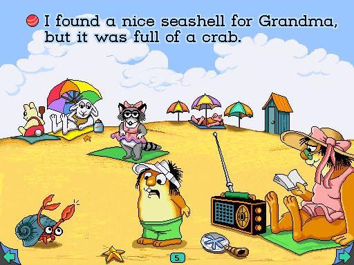 a little critter looking surprised at a crab while his grandma reads on the beach