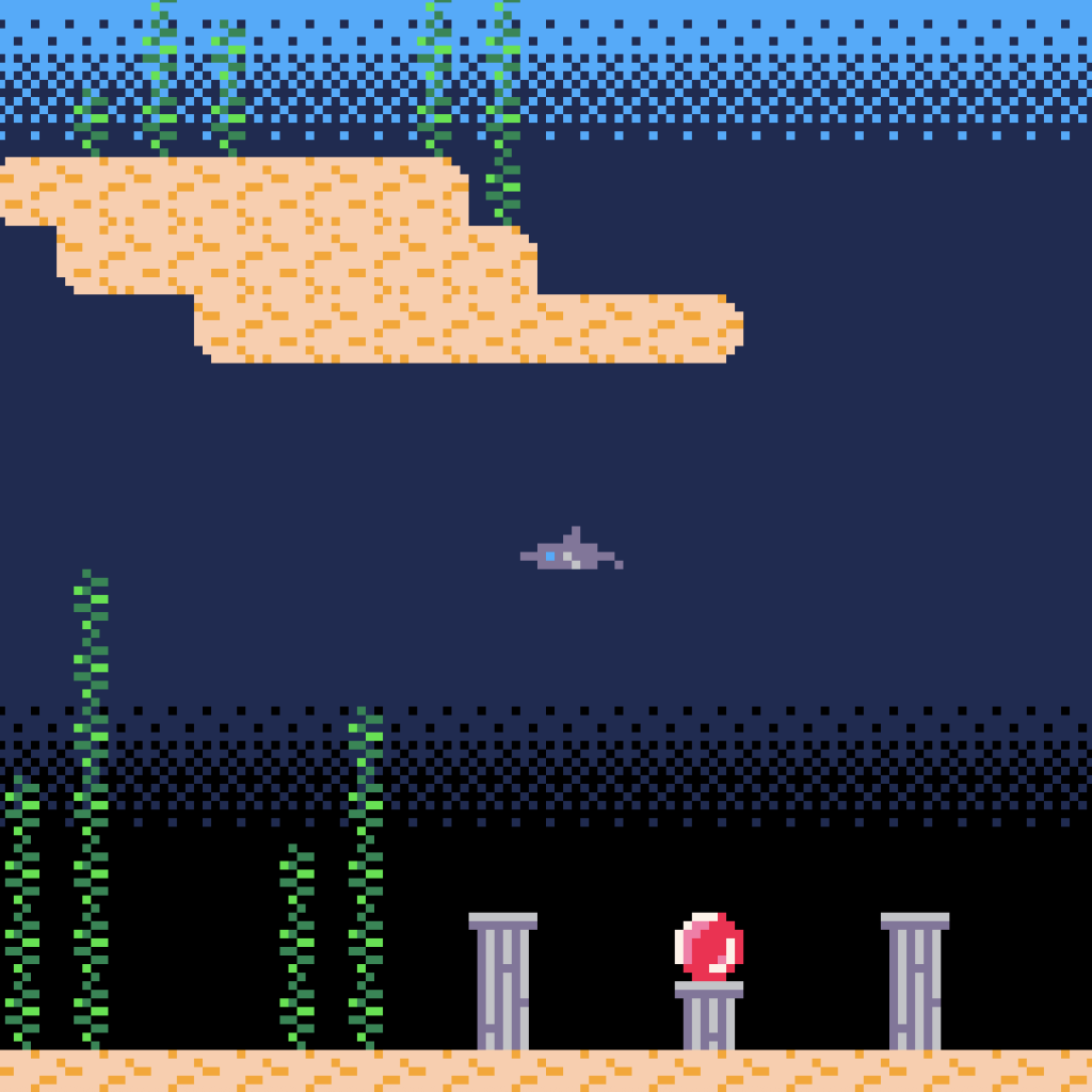 dolphin swimming in the water. There is a red orb on a pedestal