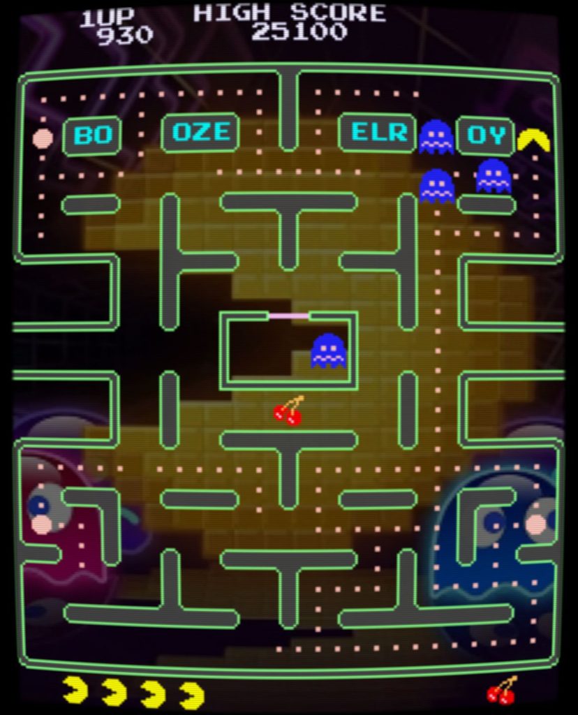 booze elroy screenshot of top-down view of a pac man map but it's got extra glowing effects and an outline of pacman in the background