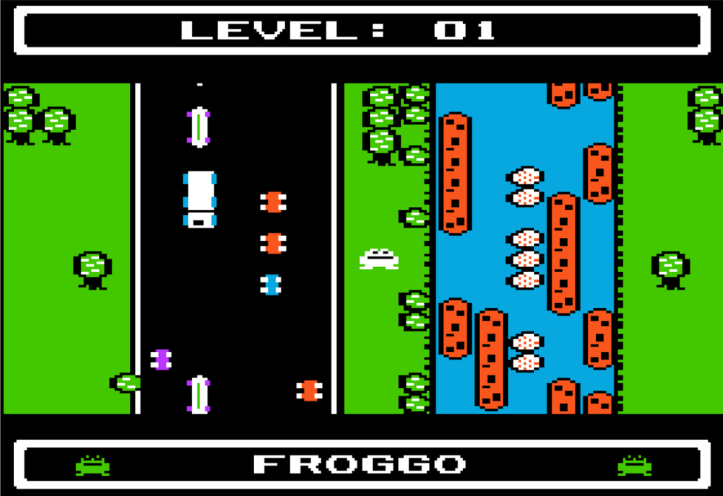 top down view of a frog between a busy road and river