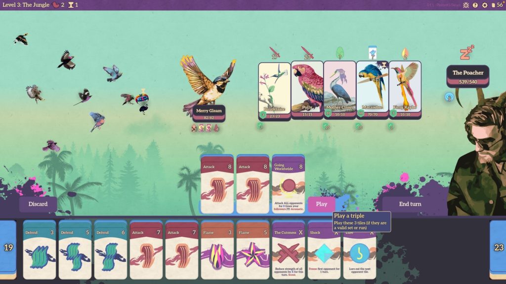 view of cards, and birds and a poacher facing off