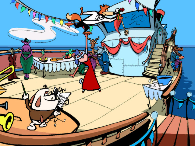spy fox and another character dancing, he is standing on her upraised arm. They're on a boat.