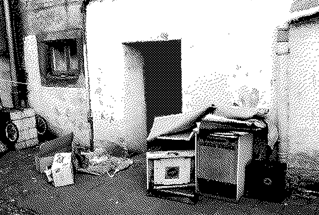 screenshot from A Nothingness showing the outside of a building with trash by the door and a door going into darkness