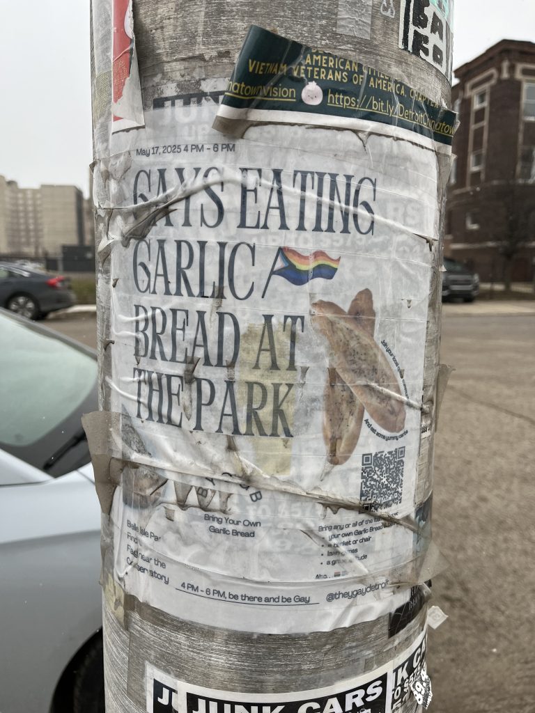 Flyer for something at Belle Isle called Gays Eating Garlic Bread at the Park. It says to bring your own bread