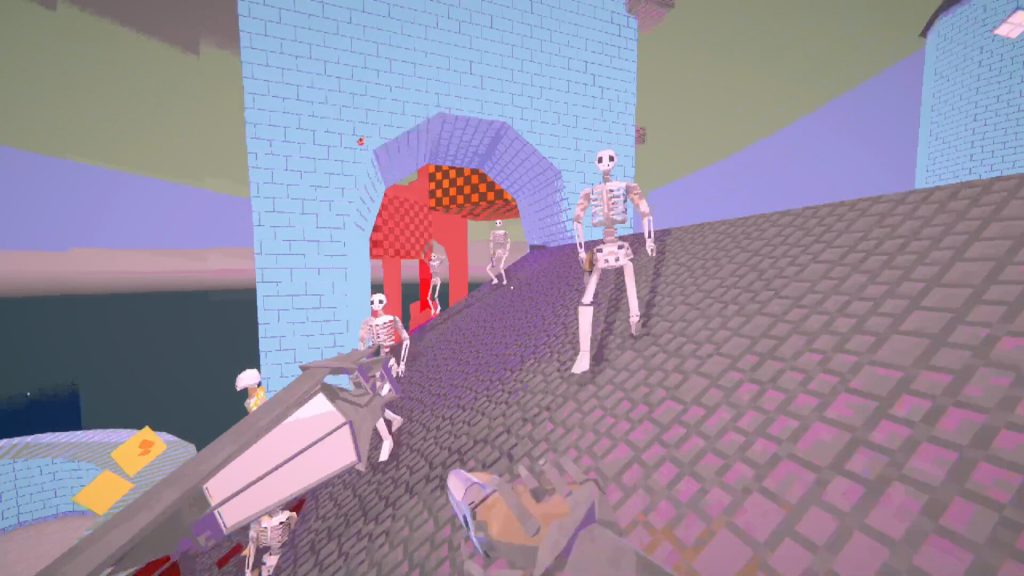 low poly skeletons standing on a roof