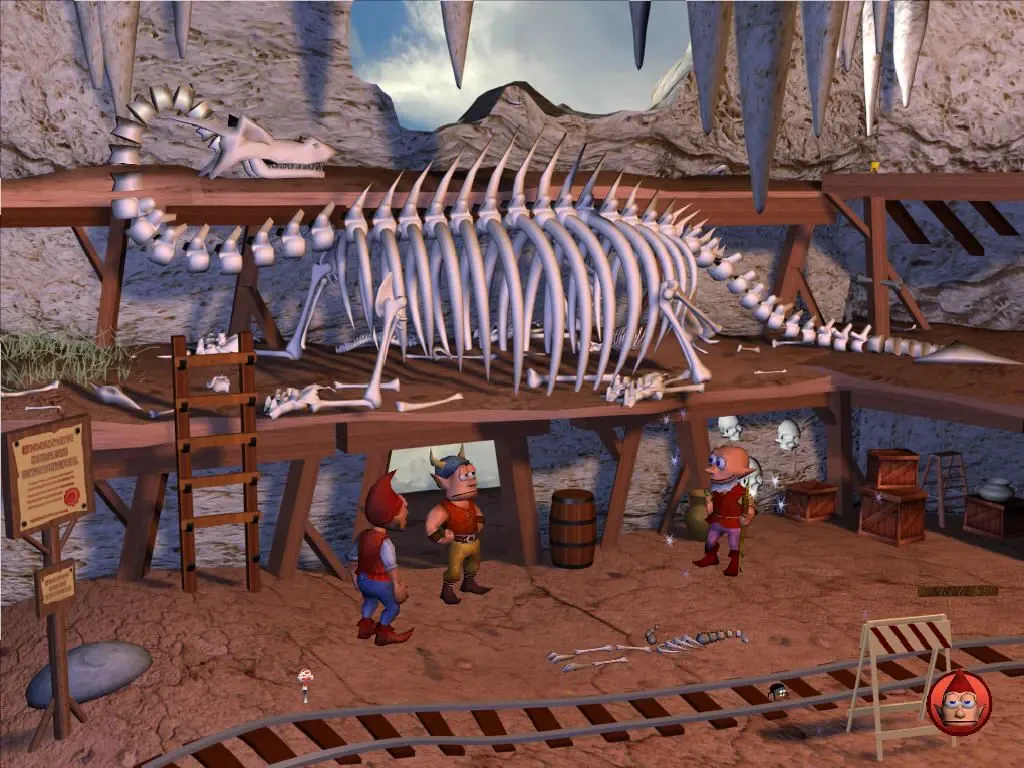 3 goblins standing by a dragon skeleton