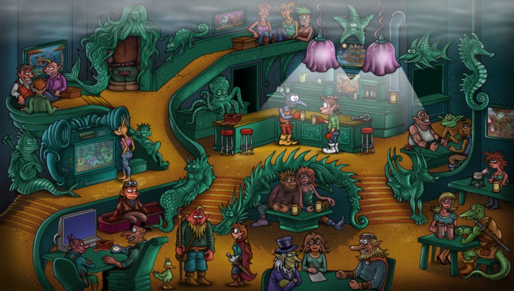 a variety of cartoonish goblins hanging out in a bar