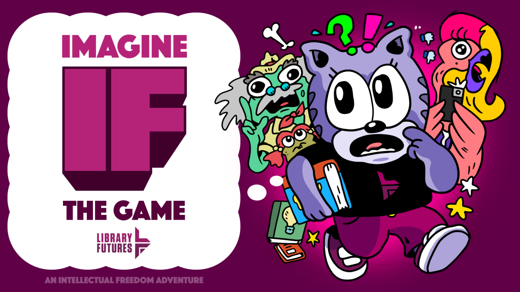 a cat with books looking surprised and 3 animals behind it with questions for "Imagine IF the game"