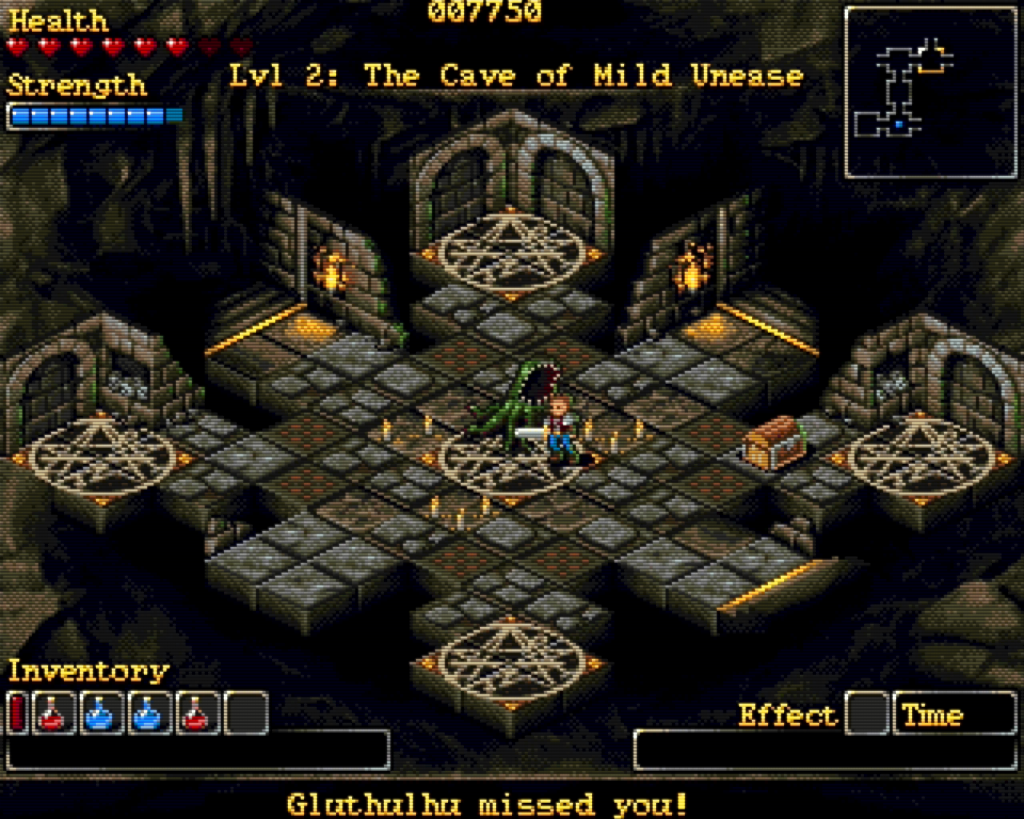 isometric view of a guy fighting a green monster in a dungeon