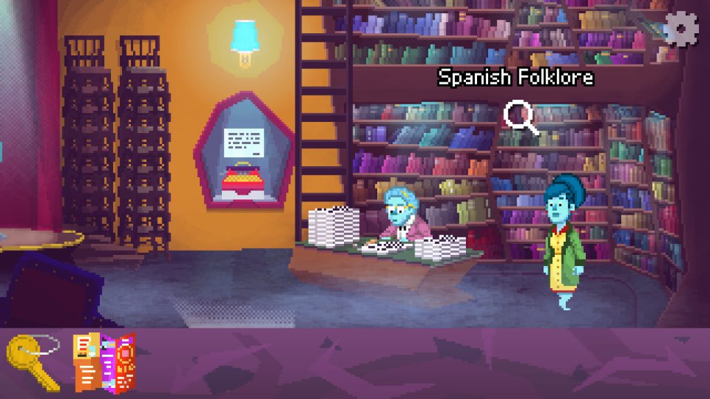 a ghost in a library with another ghost working at a desk