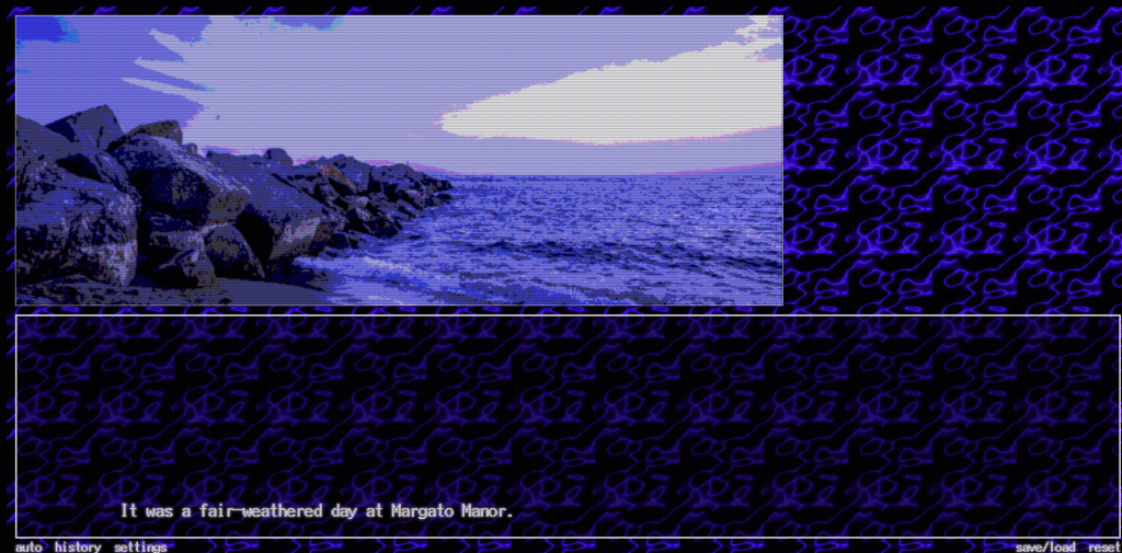 a low res image of rocks at a beach at text saying "It was a fair-weathered day at Margato Manor."