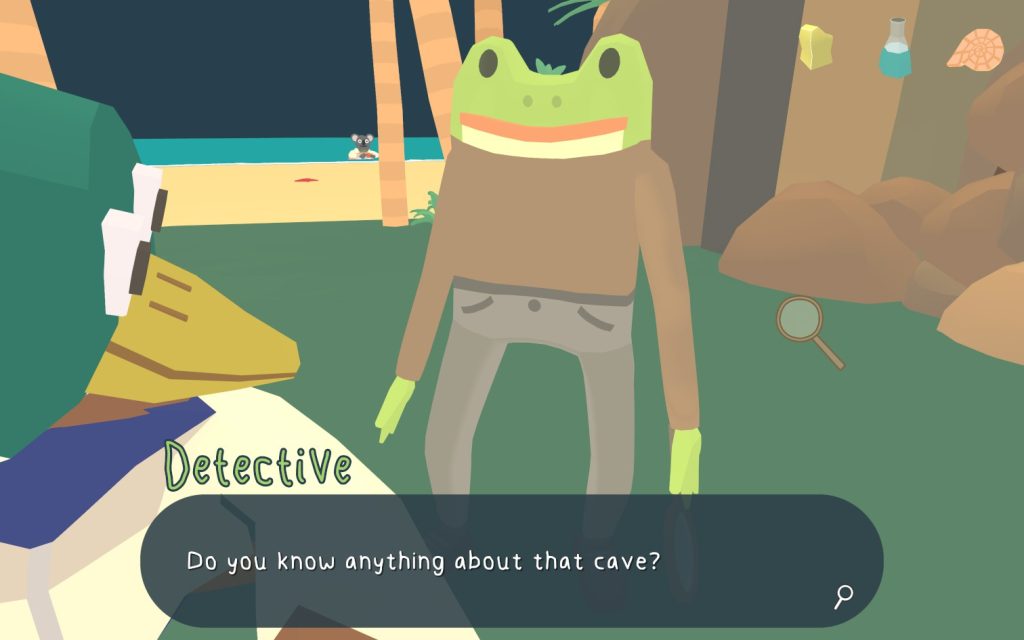 a frog saying "do you know anything about that cave?"