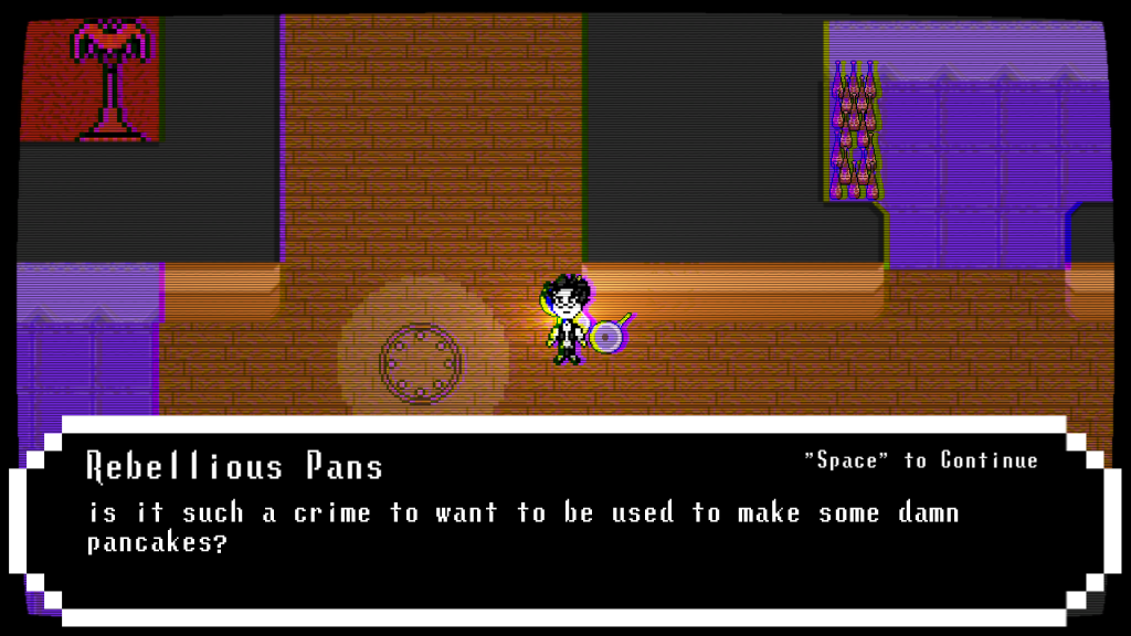 top down view of someone in a house and some rebellious pans saying "is it such a crime to want to be used to make some damn pancakes?"