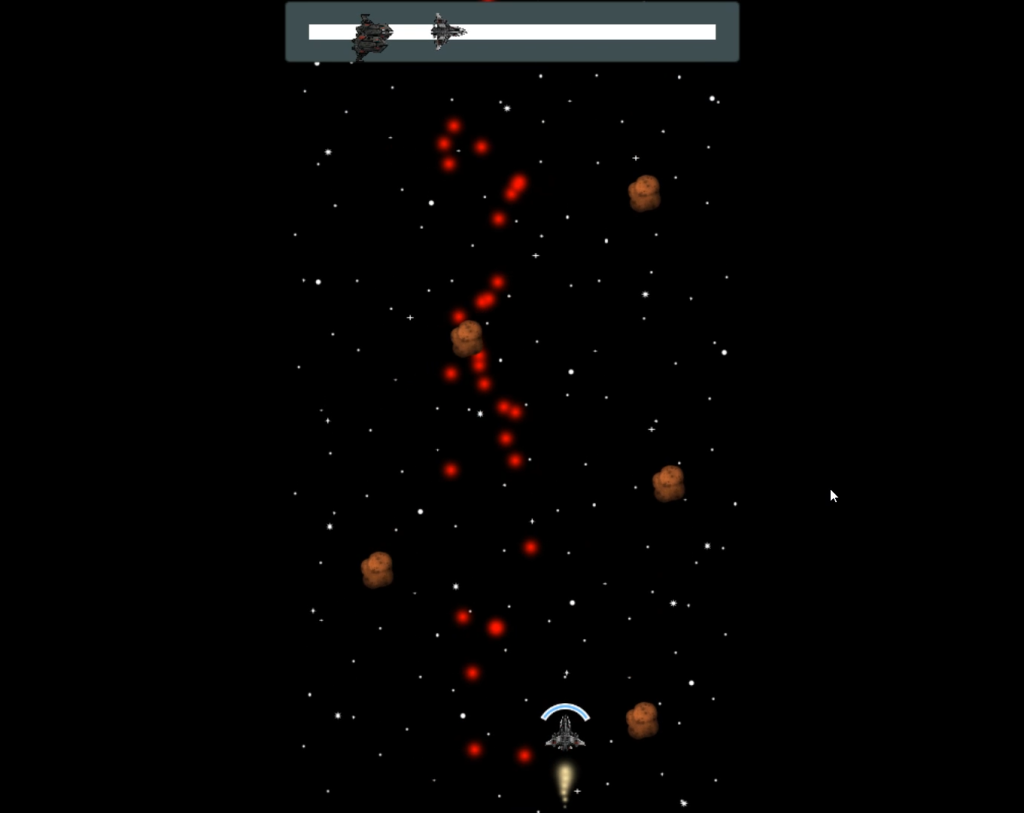 top down view of a ship dodging asteroids and lasers