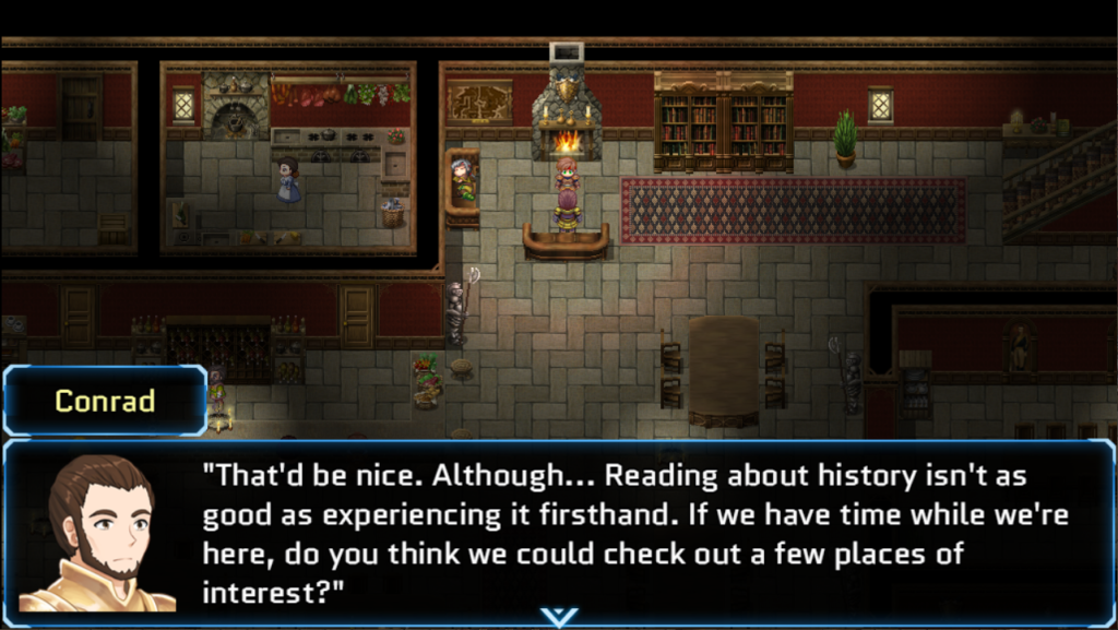 top down view of a guy named conrad in a house saying "That'd be nice. Although...reading about history isn't as good as experiencing it firsthand. If we have the time while we're here, do you think we ccould check out a few places of interest?"