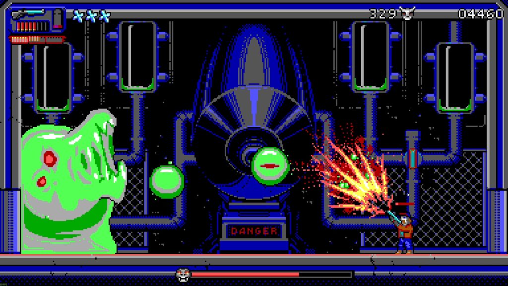 person with shotgun shooting at green blob monster