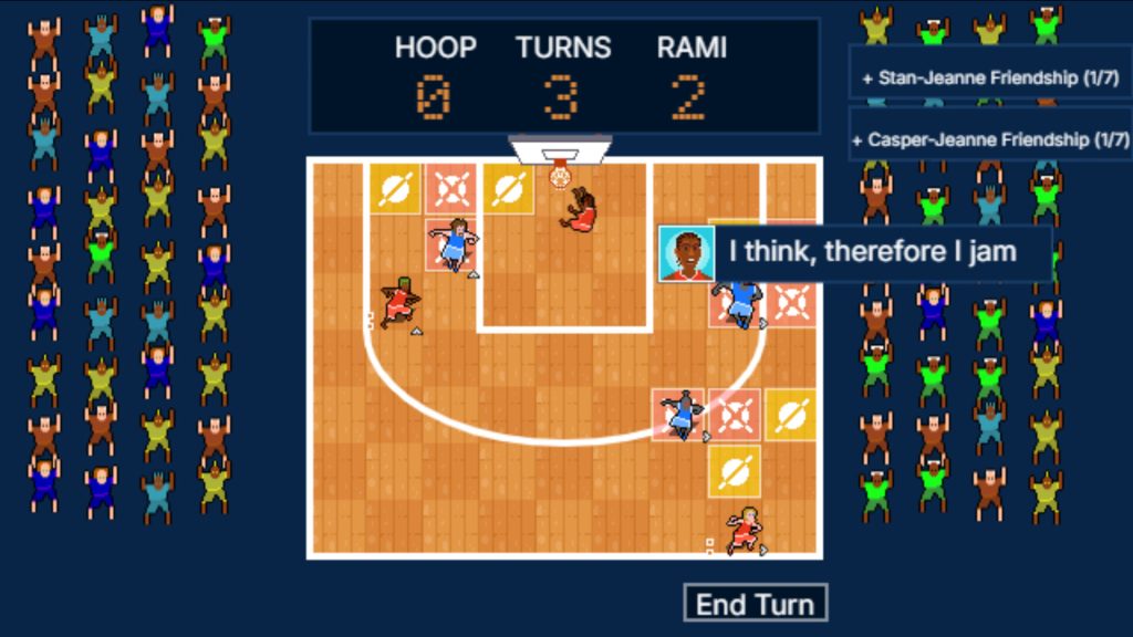 top down view of people playing basketball and someone saying "I think, therefore I jam"
