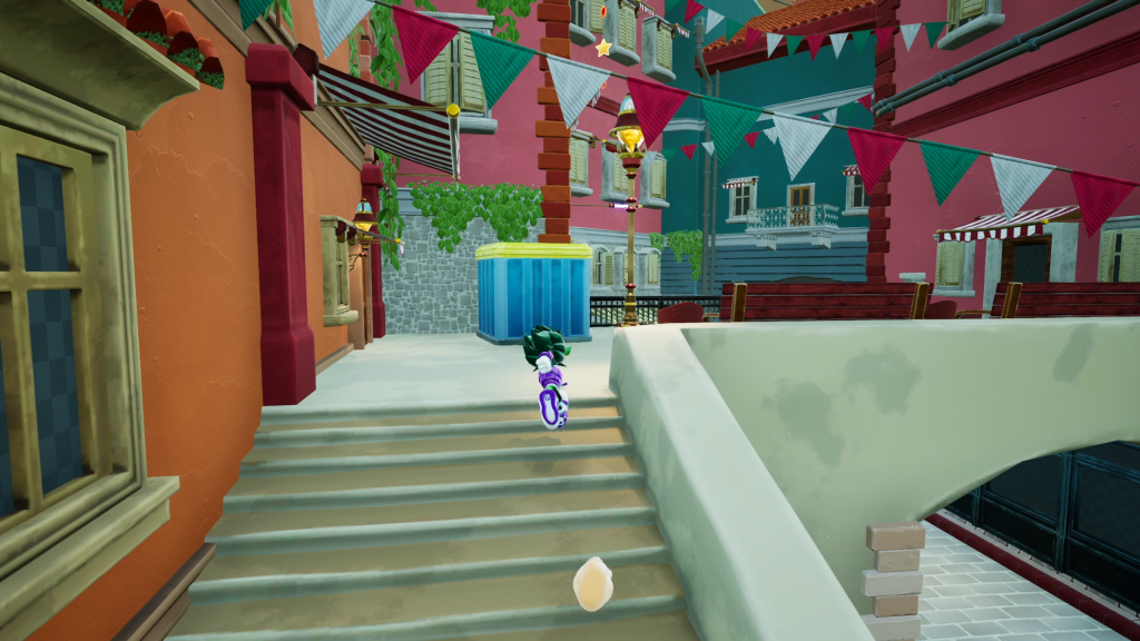 green guy running through a city