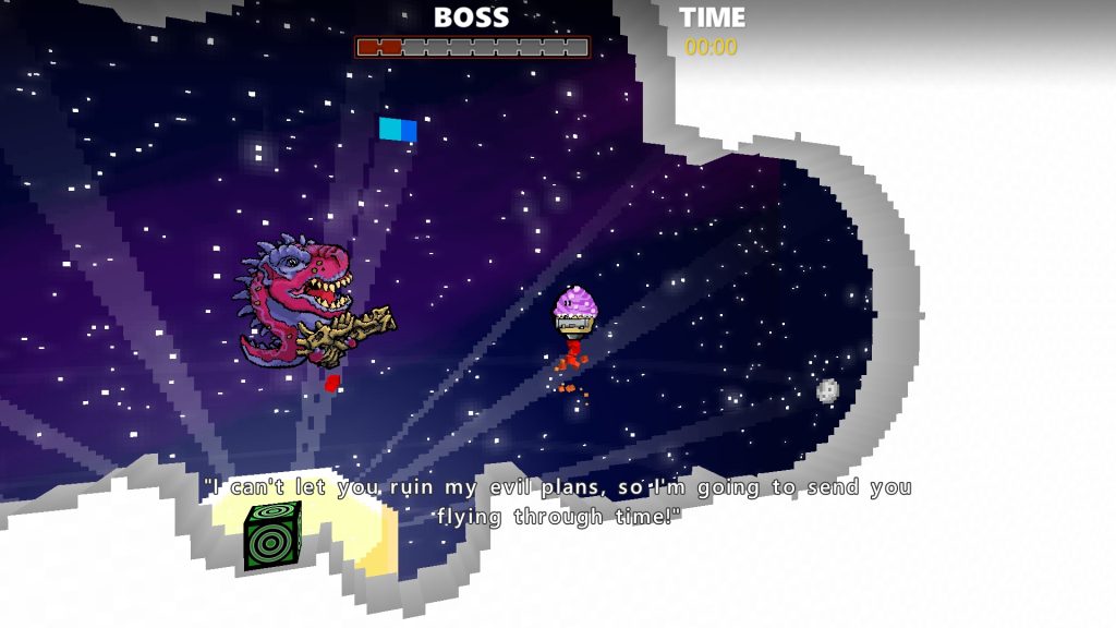 cupcake and dinosaur flying in space and the dinosaur is saying "I can't let you ruin my evil plans, so I'm going to send you flying through time!"