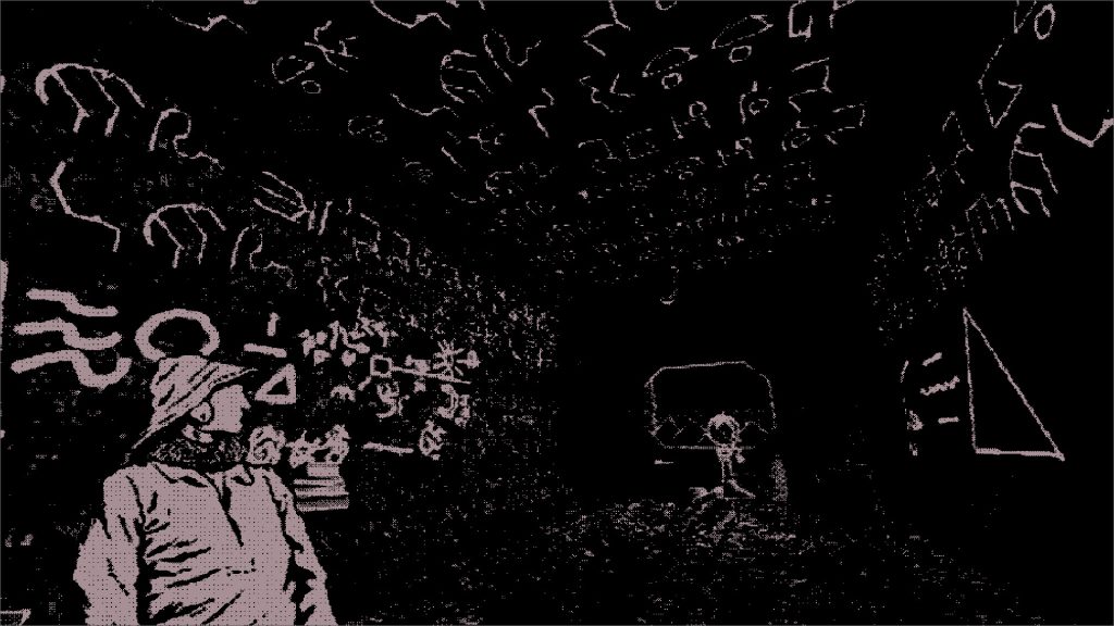 1-bit view of a person in a room with lots of writing on the walls