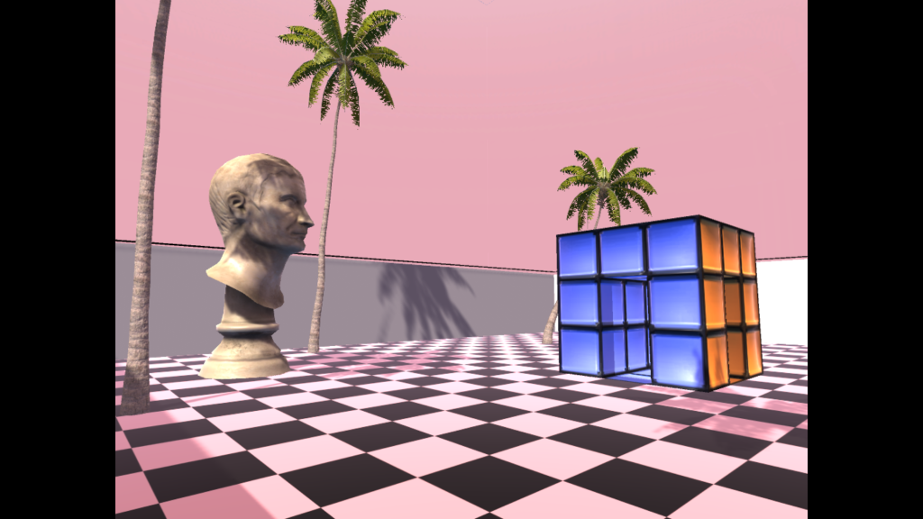 vaporwave statue and rubiks like block