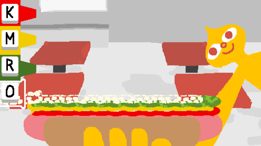 a hot dog with ketchup, mustard, relish, and onion